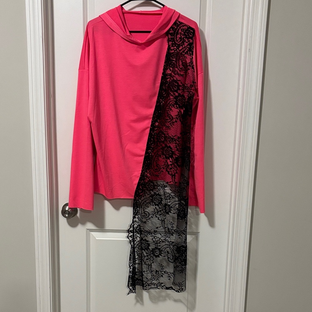 Pink Hoodie with Black Lace Detail